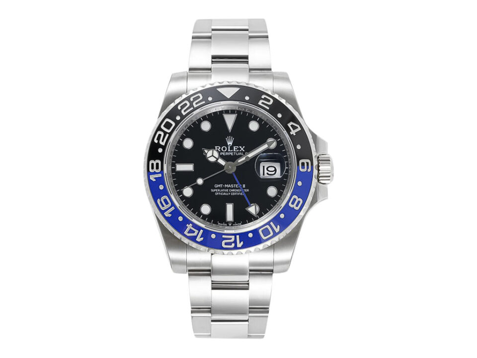 GMT-Master II Stainless Steel 'Batman' (40mm) with black dial, blue and black bezel, Oyster bracelet displayed front-facing.