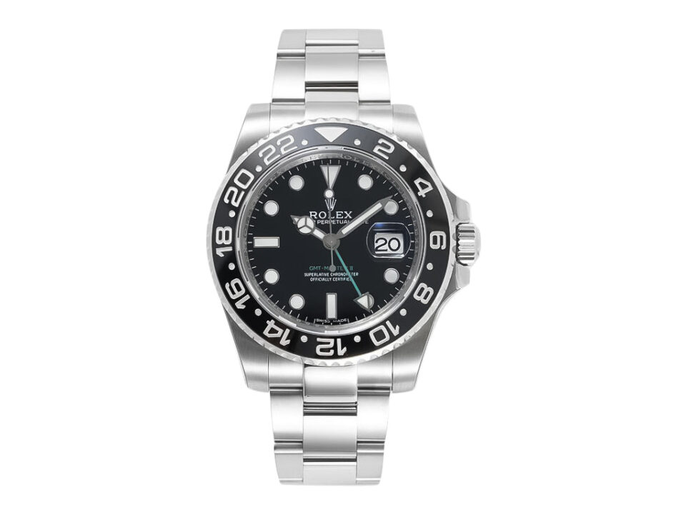 GMT-Master II Stainless Steel watch with a 40mm black dial, luminous hour markers, and a bidirectional rotating bezel.