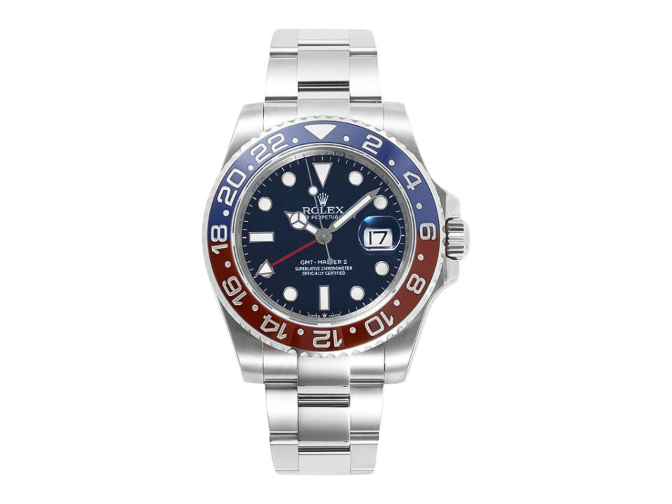 GMT-Master II Stainless Steel 'Pepsi' watch with blue dial, 40mm size, featuring a red and blue bezel and steel bracelet.