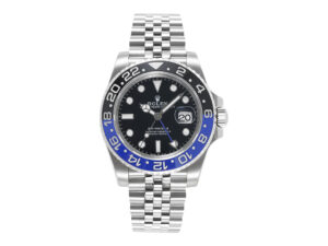 GMT-Master II Stainless Steel "Bat Girl" watch with black dial, blue and black bezel, and Jubilee bracelet, 40mm case.