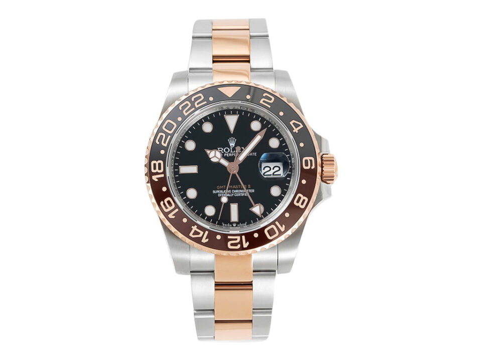 GMT-Master II Two Tone Rose Gold and Stainless Steel 'Root Beer' (40mm) watch with black dial and date display.