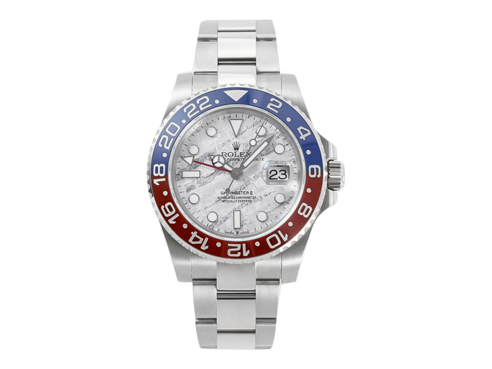 GMT-Master II Stainless Steel 'Pepsi' with Meteorite Dial  featuring red and blue bezel, silver bracelet, and date display.
