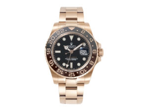 GMT-Master II Rose Gold 'Root Beer' (40mm) with black and brown bezel, black dial, and oyster bracelet displays the date.