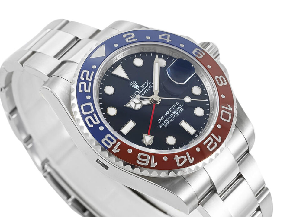 GMT-Master II ‘Pepsi’ watch in stainless steel, 40mm, blue dial with red and blue bezel, displayed on a product page.