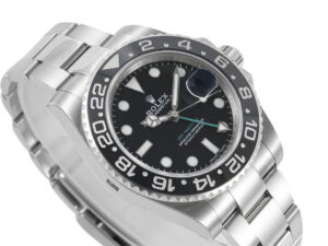 GMT-Master II Stainless Steel with 40mm black dial, rotating bezel, luminous markers, and stainless steel bracelet.