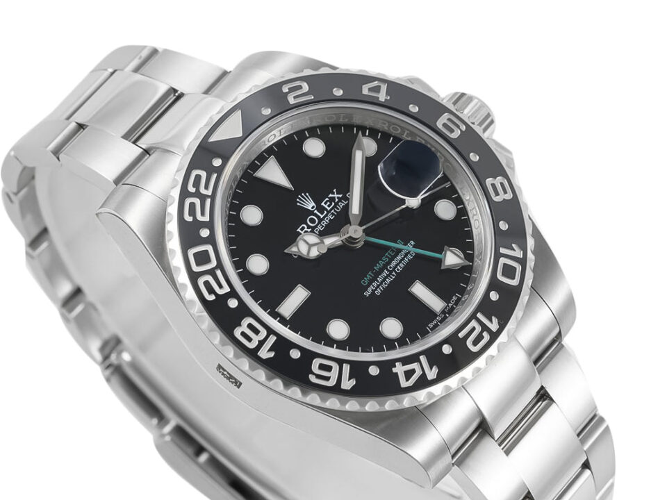 GMT-Master II Stainless Steel with 40mm black dial, rotating bezel, luminous markers, and stainless steel bracelet.