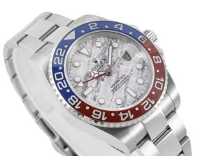 GMT-Master II Stainless Steel 'Pepsi' with Meteorite Dial (40mm) featuring a red and blue bezel, on stainless steel bracelet.