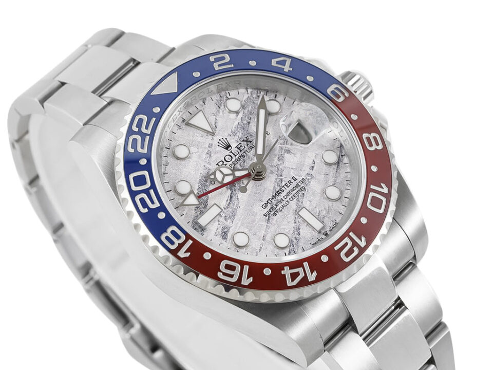 GMT-Master II Stainless Steel 'Pepsi' with Meteorite Dial (40mm) featuring a red and blue bezel, on stainless steel bracelet.
