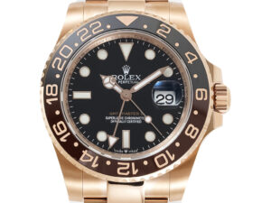 GMT-Master II Rose Gold 'Root Beer' (40mm) with black and brown bezel, black dial, date display, and Oyster bracelet.