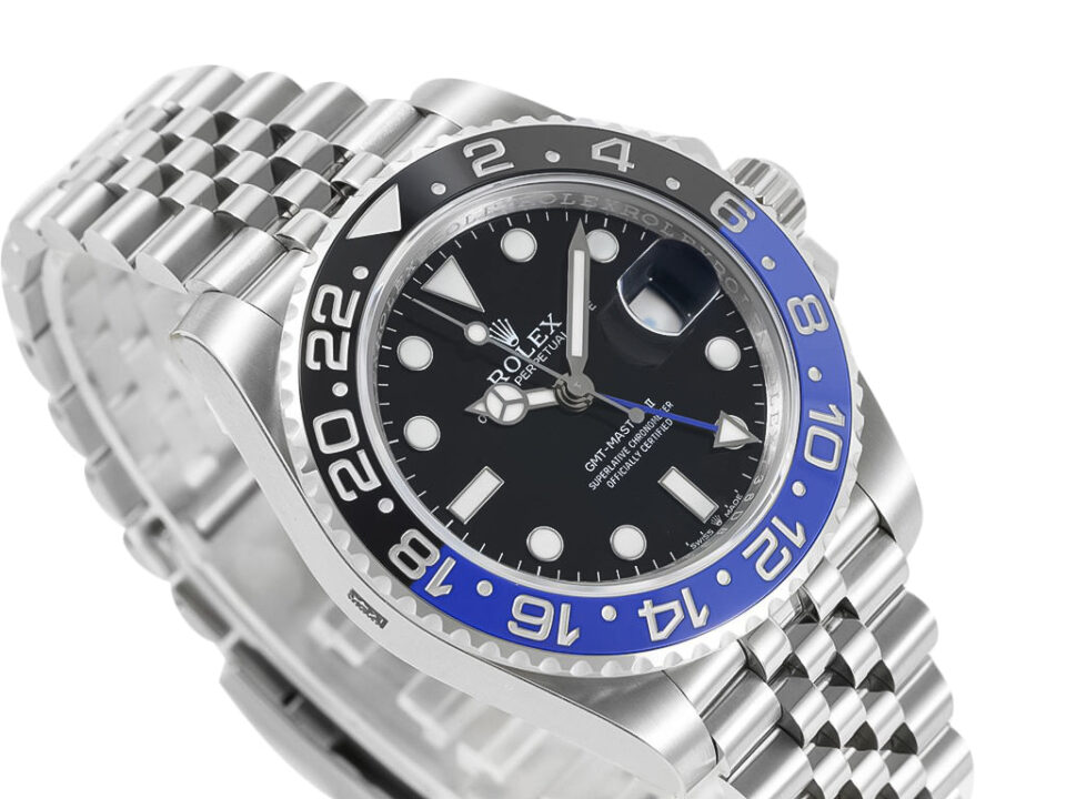 GMT-Master II Stainless Steel 'Bat Girl' (40mm) watch with a black dial, blue and black ceramic bezel, and Jubilee bracelet.