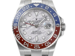 GMT-Master II Stainless Steel 'Pepsi' with Meteorite Dial, featuring a red & blue bezel, luminous markers, and date display.