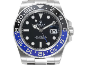 GMT-Master II Stainless Steel ‘Batman’ (40mm) watch with a black dial, blue and black bezel, date display, & Oyster bracelet.