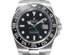GMT-Master II Stainless Steel watch with 40mm black dial, luminous markers, and bi-directional rotating bezel displayed.