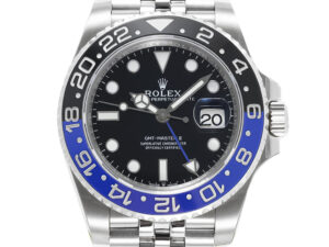 GMT-Master II Stainless Steel 'Bat Girl' watch (40mm) with black dial, blue and black bezel, and oyster bracelet.