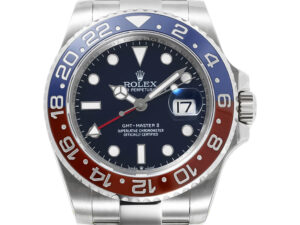 GMT-Master II Stainless Steel ‘Pepsi’ with Blue Dial (40mm), featuring a red and blue bezel and stainless steel bracelet.