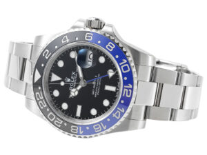 GMT-Master II Stainless Steel 'Batman' watch (40mm) with black dial, blue-black bezel, and Oyster bracelet.