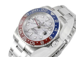 GMT-Master II Stainless Steel ‘Pepsi’ with Meteorite Dial (40mm) featuring red-blue bezel and Oyster bracelet.