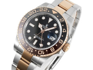 GMT-Master II Two Tone Rose Gold and Stainless Steel 'Root Beer' (40mm) with black dial, bezel, and Oyster bracelet.