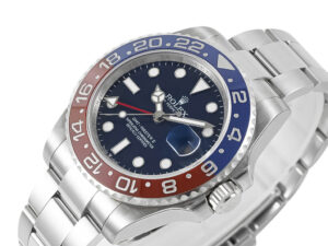 GMT-Master II Stainless Steel ‘Pepsi’ with 40mm blue dial, red and blue bezel, luminous markers, and silver bracelet.