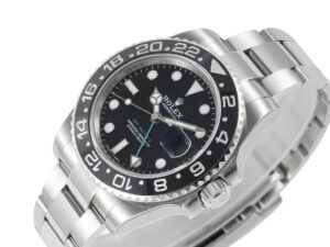 GMT-Master II Stainless Steel watch with a 40mm case, black dial, ceramic bezel, date window, and Oyster bracelet.