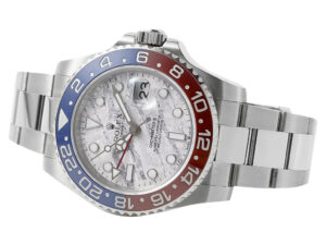 GMT-Master II Stainless Steel ‘Pepsi’ with Meteorite Dial (40mm), featuring a red and blue bezel & stainless steel bracelet.