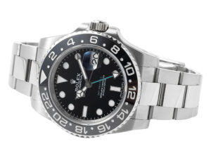 GMT-Master II Stainless Steel watch with a 40mm black dial, bi-directional bezel, and Oyster bracelet displayed at an angle.