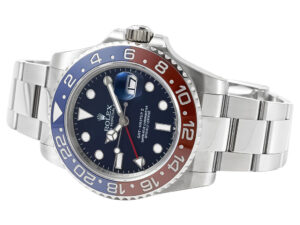 GMT-Master II Stainless Steel 'Pepsi' with Blue Dial, 40mm, featuring a red and blue bezel and stainless steel bracelet.