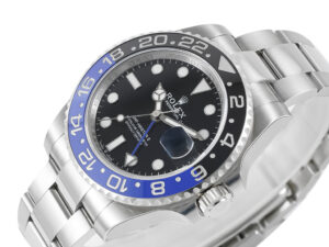 GMT-Master II Stainless Steel 'Batman' (40mm) with black dial, blue and black bezel, and stainless steel bracelet.