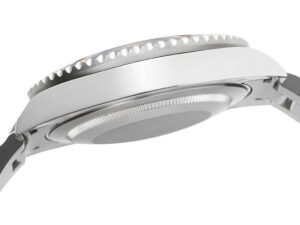 Side profile view of the GMT-Master II Stainless Steel ‘Batman’ (40mm) watch, showcasing its case back and bezel design.