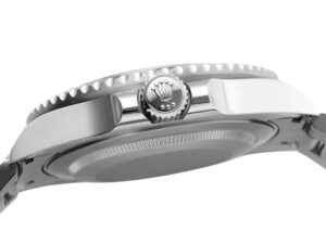 Side view of the GMT-Master II Stainless Steel with Black Dial (40mm), showcasing the crown and polished case details.