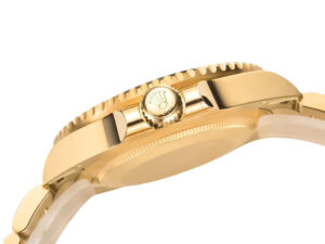 Side view of the Submariner Date Yellow Gold with Black Dial (40mm), highlighting the crown and gold detailing.