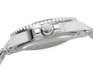 Side view of the GMT-Master II Stainless Steel ‘Bat Girl’ (40mm) showing crown detail and polished stainless steel finish.