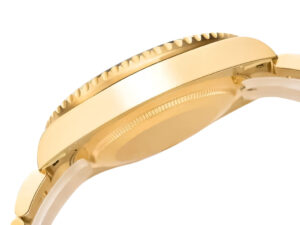 Side view of Submariner Date Yellow Gold with Black Dial (40mm), showcasing its polished gold case and ridged bezel edge.