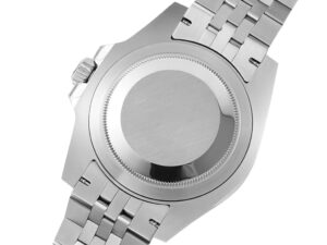 Back view of the GMT-Master II ‘Batgirl’ Stainless Steel (40mm) watch showcasing its polished caseback and metal bracelet.