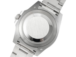 Back view of the GMT-Master II Stainless Steel ‘Pepsi’ watch (40mm) showcasing its brushed stainless steel case and bracelet.