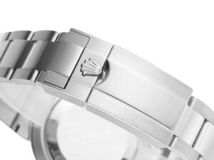 Close-up of the clasp of the GMT-Master II Stainless Steel 'Pepsi' watch, showcasing its polished finish and engraved logo.