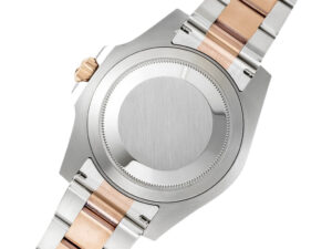 Back view of the GMT-Master II Root Beer watch showing its stainless steel and rose gold case and two-tone bracelet.