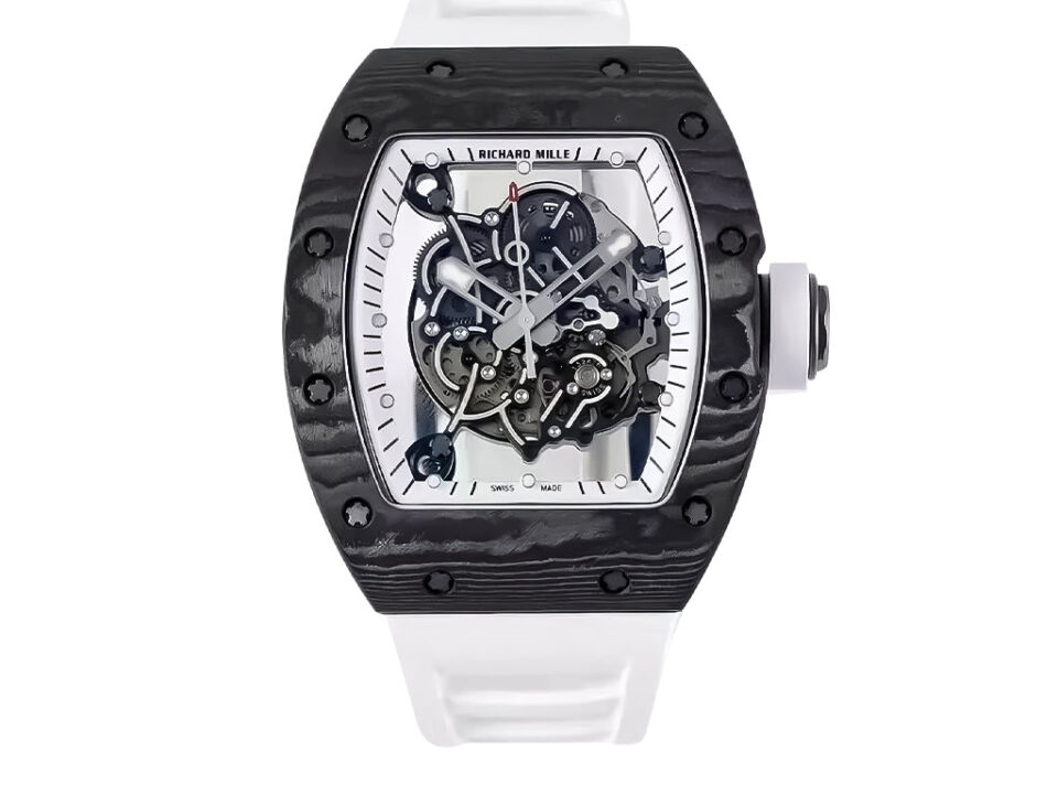 RM055 Bubba Watson watch with white dial, black bezel, visible mechanics, and white rubber strap (49mm case).
