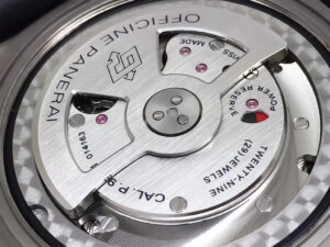 Close-up of the Luminor Submersible 1950 GMT Automatic Titanio 'Pole 2 Pole' titanium case back, showing movement details.