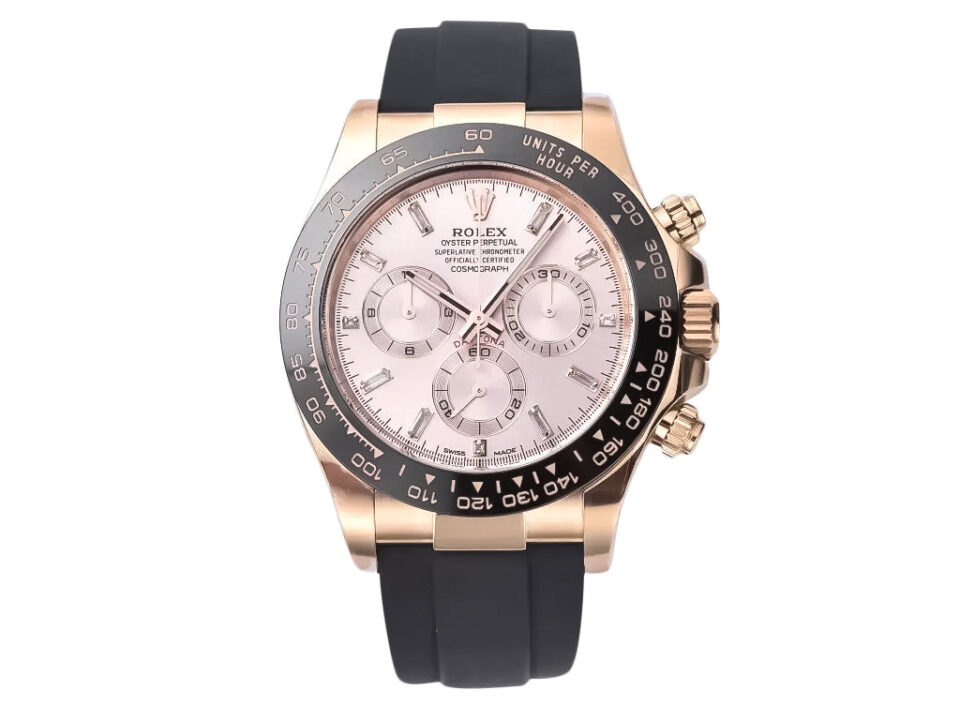 Cosmograph Daytona Rose Gold Oysterflex watch featuring a pink dial, black bezel, and rubber strap displayed on product page.