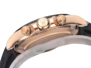 Close-up side view of the Cosmograph Daytona Rose Gold Oysterflex with Pink Dial, featuring rose gold crown and pushers.