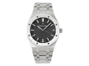 Royal Oak Stainless Steel with Black Dial (41mm) – 15500, featuring a black patterned dial and silver bracelet.