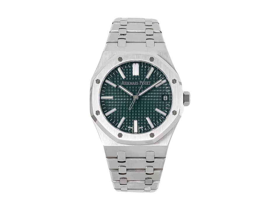 Royal Oak Stainless Steel '50th Anniversary' watch with 41mm case and green dial displayed on a stainless steel bracelet.