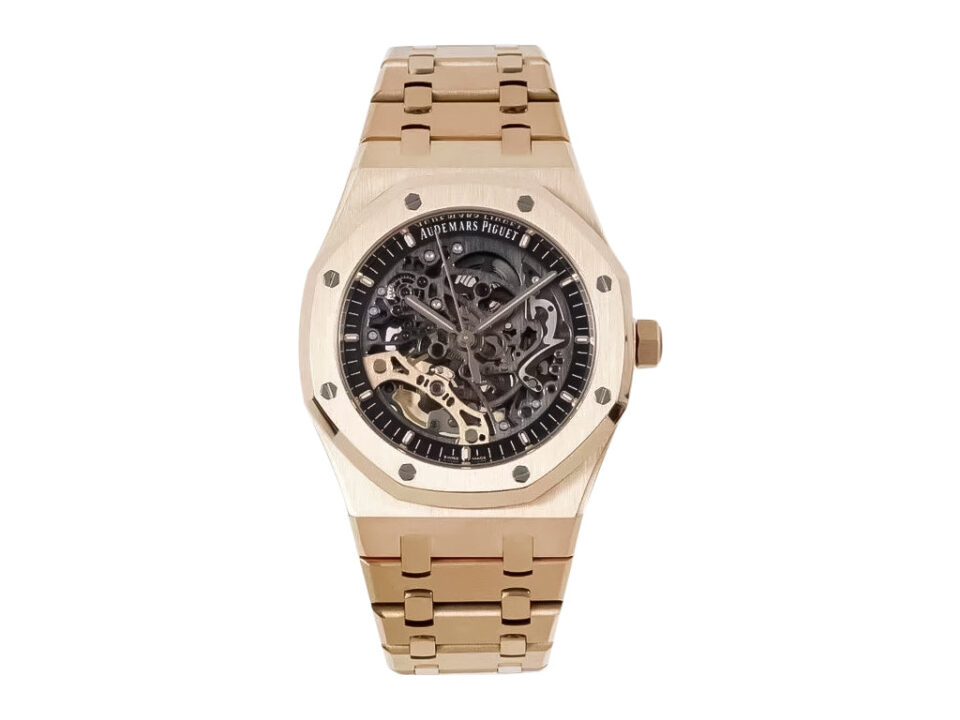 Royal Oak Pink Gold Openworked Double Balance Wheel (41mm) watch with intricate skeletonized dial and pink gold bracelet.