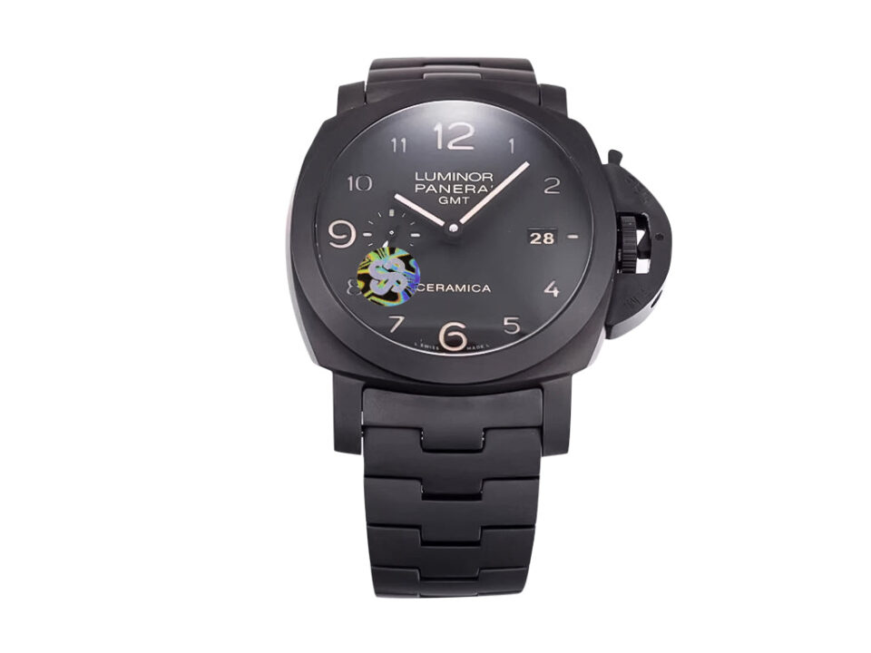 Luminor 1950 3 Days GMT Automatic ‘Tuttonero’ watch with black ceramic case and bracelet, featuring a sleek black dial.