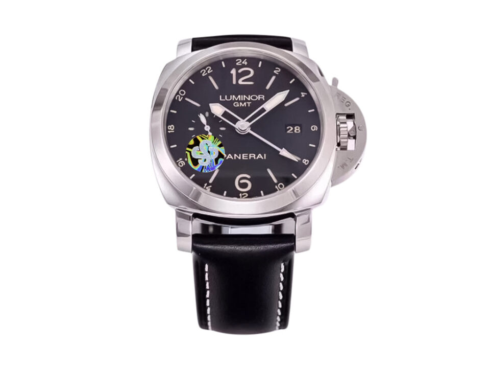 Luminor 1950 3 Days GMT 24h Automatic watch with stainless steel case, black dial, and black leather strap.