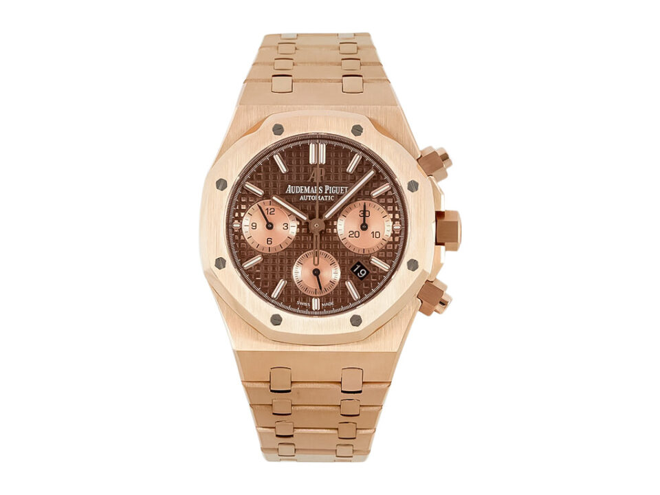 Royal Oak Chronograph Pink Gold with Chocolate Dial (41mm) featuring pink gold bracelet and three subdials on textured dial.