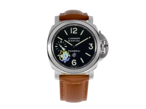 Luminor Marina Logo Stainless Steel watch with black dial, luminous markers, and brown leather strap (44mm).