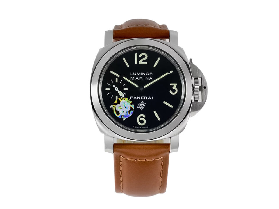 Luminor Marina Logo Stainless Steel watch with black dial, luminous markers, and brown leather strap (44mm).