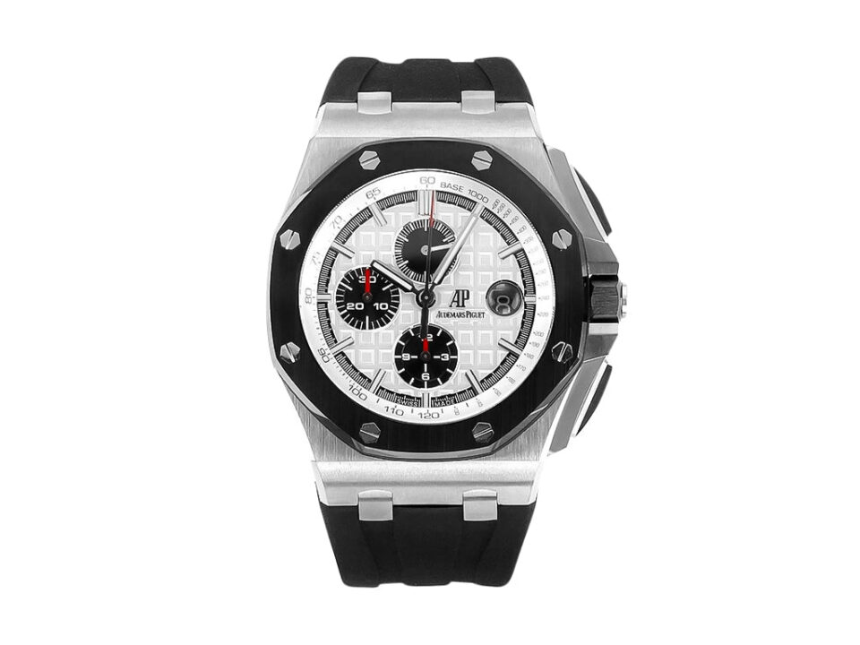 Royal Oak Offshore Chronograph Stainless Steel watch with silver dial, black bezel, and black strap (44mm).